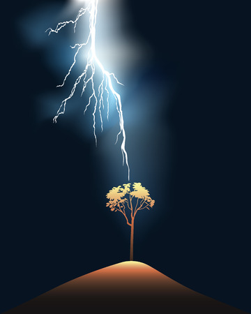 Lightning stroke in a lonely tree against a dark backgroundのイラスト素材