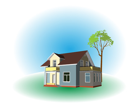 The house with a lonely tree on a green lawn on a blue backgroundのイラスト素材