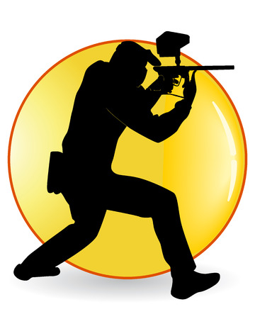 Black silhouette of the player in a paintball against a yellow ballのイラスト素材