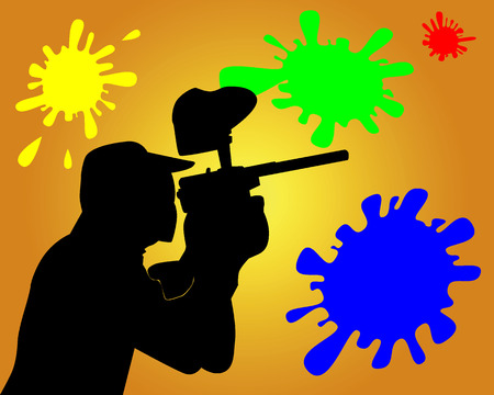 Black silhouette of the player in a paintball on an orange backgroundのイラスト素材
