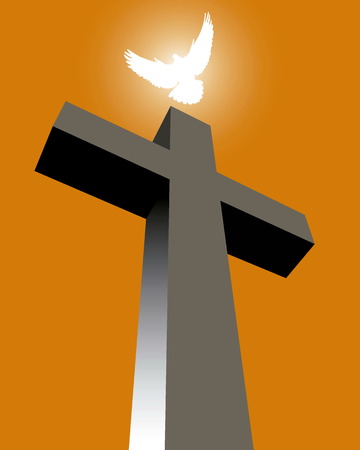 Cross with a white pigeon on an orange backgroundのイラスト素材