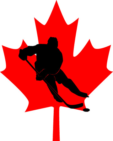 silhouette of a hockey player in the background of a red maple leafのイラスト素材