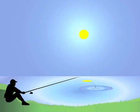 The fisherman with a fishing tackle on the bank of a pondのイラスト素材