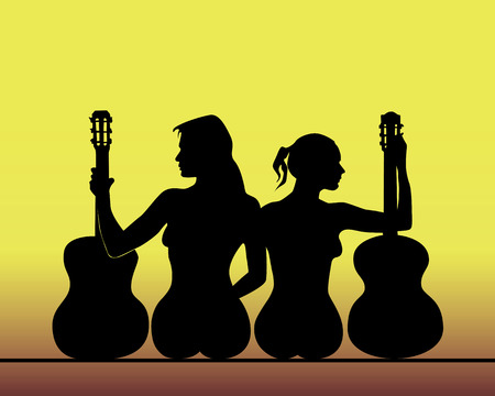 silhouettes of girls with guitars on a yellow backgroundのイラスト素材