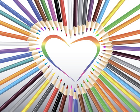 colored pencils in a heart on a gray backgroundのイラスト素材