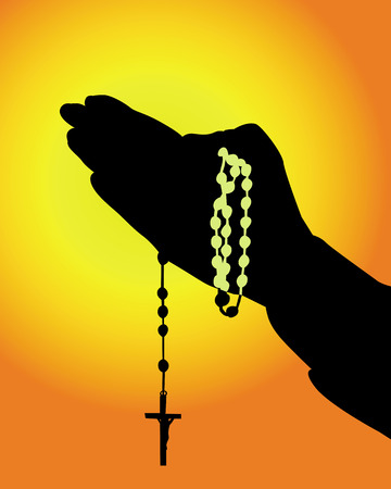 silhouette of hands with a rosary on an orange backgroundのイラスト素材