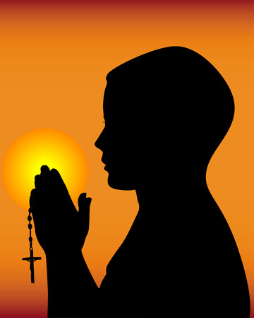 black silhouette of a praying on an orange backgroundのイラスト素材