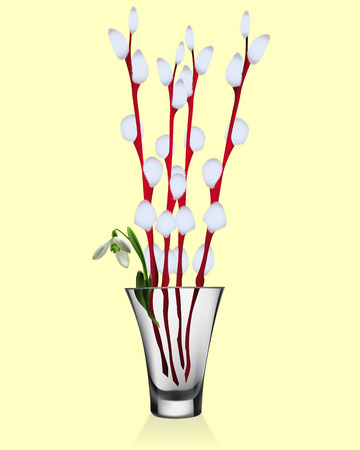 vase with snowdrops and willow branches on a yellow backgroundのイラスト素材