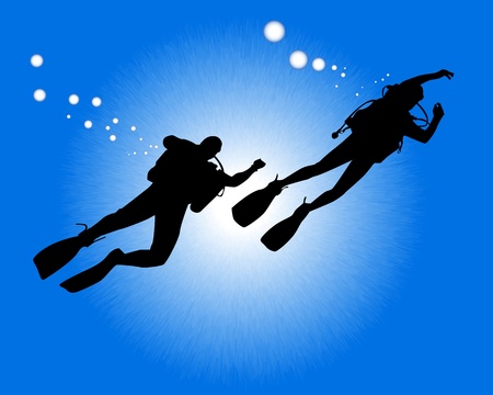 silhouettes of two divers swimming against the background of blue waterのイラスト素材