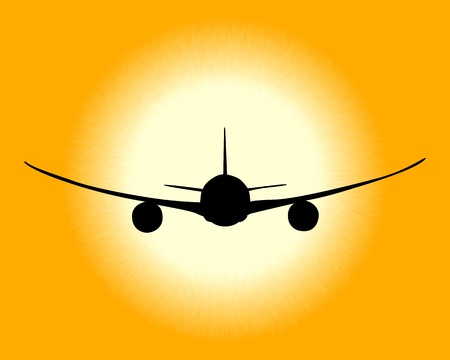 black silhouette of an airplane on an orange backgroundのイラスト素材