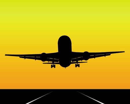 black silhouette of an airplane on an orange backgroundのイラスト素材