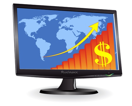 Monitor showing a world map and schedule of the arrow and dollar signs on a white backgroundのイラスト素材