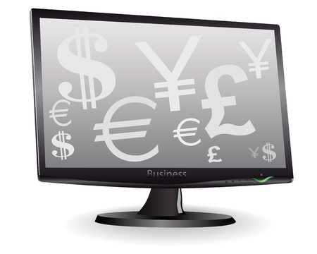 monitor with a picture of currency symbols on a white backgroundのイラスト素材