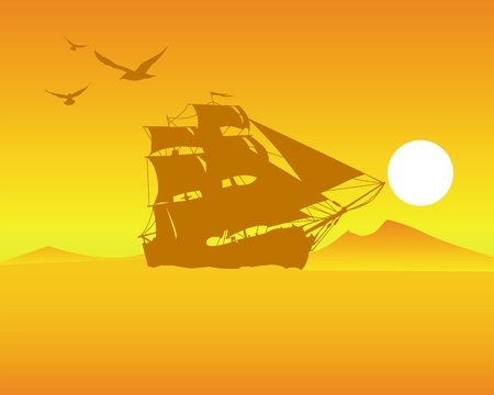 sailing ship  on  an orange background of the sky and  sunのイラスト素材