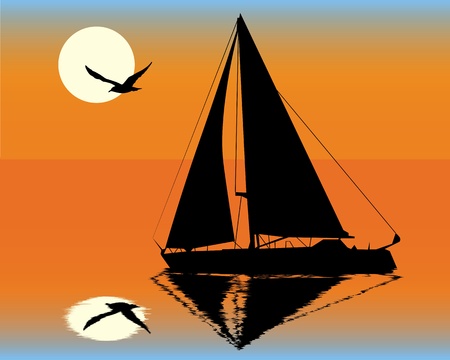 silhouette of a yacht  on the background of the setting sunのイラスト素材
