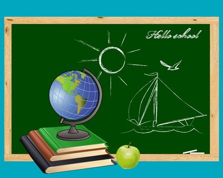 Globe, books and  green apple on the background of the school boardのイラスト素材