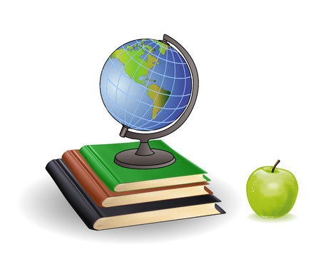 Globe books and green apple on a white backgroundのイラスト素材