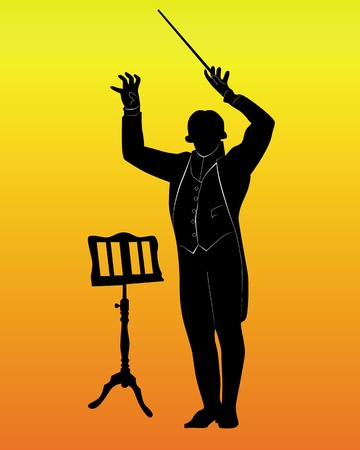 silhouette of a conductor with the music stand on an orange backgroundのイラスト素材