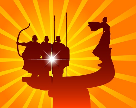 monument to the founders of Kiev on an orange background with raysのイラスト素材
