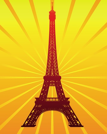 silhouette of the Eiffel Tower on the radiant orange backgroundのイラスト素材