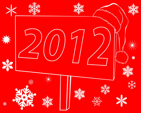New billboard that says 2012 on a red background with snowflakes