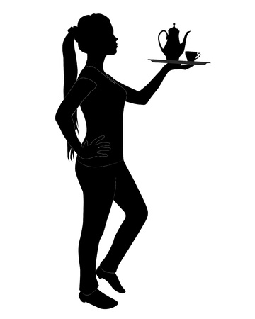 black silhouette of a waitress with a tray on a white backgroundのイラスト素材