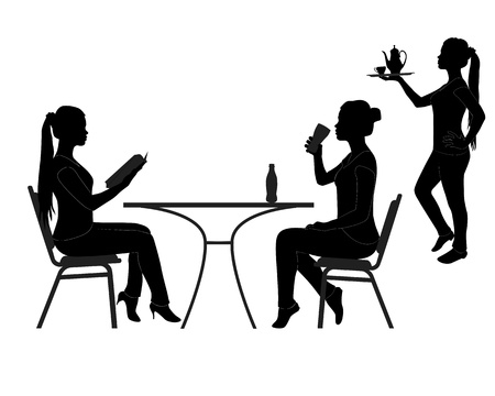 black silhouettes of the visitors of the restaurant on a white backgroundのイラスト素材