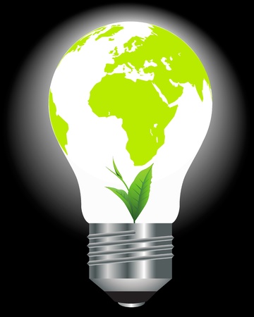 light bulb with a globe and a green plant on a black backgroundの写真素材