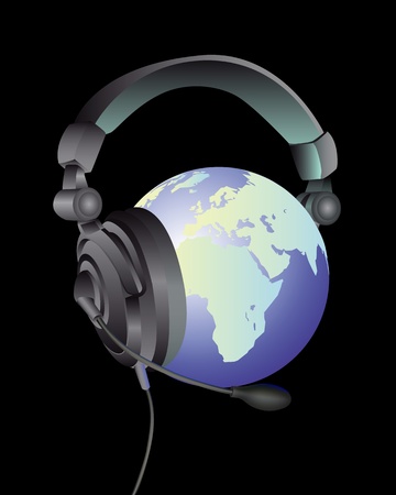 the globe in the headphones with a microphone on a black backgroundのイラスト素材