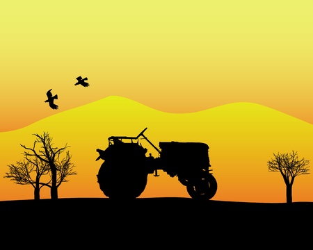 black silhouette of a tractor in the background of trees and mountains on an orange backgroundのイラスト素材