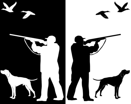 silhouettes hunter with a dog on a white background and blackのイラスト素材