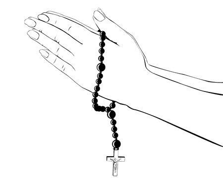 drawing hands with a rosary on a white backgroundのイラスト素材
