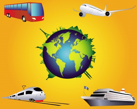 globe with airplane sightseeing ship by bus and train on the orange backgroundのイラスト素材