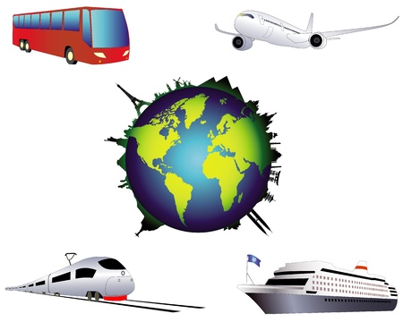 globe with airplane sightseeing ship by bus and train on a white backgroundのイラスト素材
