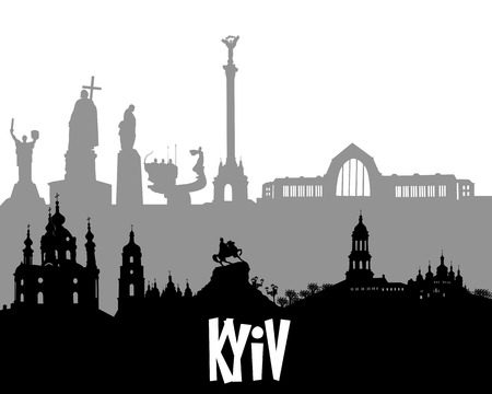 black and gray silhouette of Kyiv on a white backgroundのイラスト素材