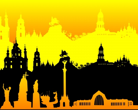 black yellow orange silhouette of Kiev on an orange backgroundのイラスト素材