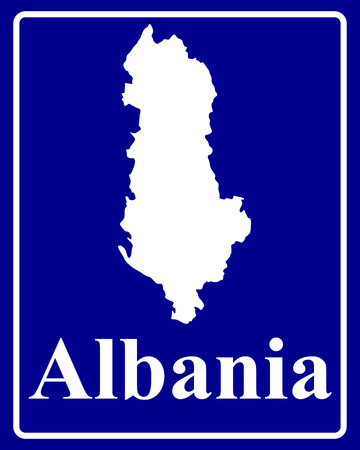 sign as a white silhouette map of Albania with an inscription on a blue backgroundのイラスト素材