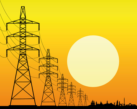 black silhouette of power lines on an orange background with the sunのイラスト素材
