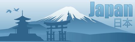 banner with the image of the sights of Japan in blue tones backgroundのイラスト素材