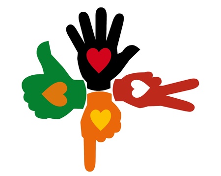 Four multi-colored hands on white backgroundのイラスト素材