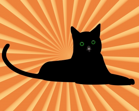 black cat with green eyes on an orange backgroundのイラスト素材