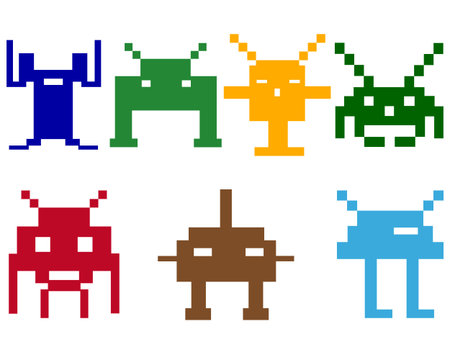 varicoloured space robots on a white background