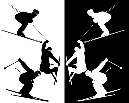 Skiers on a black and white backgroundのイラスト素材