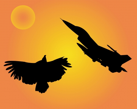 plane and the bird eagle on a yellow orange backgroundのイラスト素材