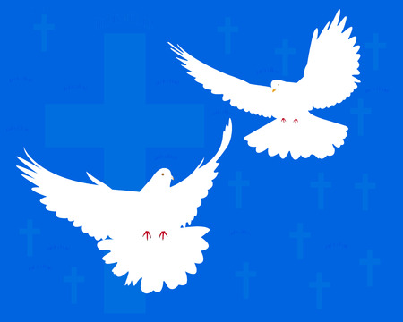 two doves and crosses on a blue backgroundのイラスト素材