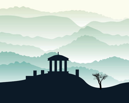 the building stands on a hill a tree and a lot of of cloudsのイラスト素材