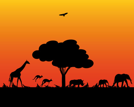 Africa elephant wildlife kangaroo giraffe rhinoceros evening timeのイラスト素材