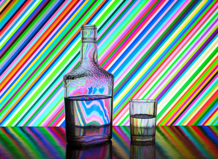 half a bottle of vodka and wine glasses on the background of different colored stripes