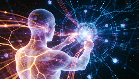 Conceptual 3D illustration of an ethereal glowing human silhouette interconnected with complex neural networks and data particles. Represents the fusion of humanity and artificial intelligence, digital consciousness, and machine learning in a futuristic cyberspace environment.の素材