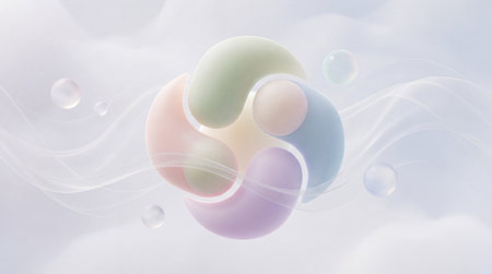 Abstract 3d illustration featuring smooth pastel shapes and flowing forms on a clean light background. Modern minimal design with soft colors, organic curves and balanced composition, ideal for technology, creativity, wellness and contemporary branding concepts.の素材